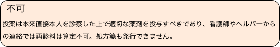 不可　
投薬は本来直接本人を診察した上で適切な薬剤を投与すべきであり、看護師やヘルパーからの連絡では再診料は算定不可。処方箋も発行できません。