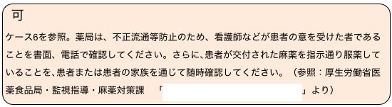 可　
ケース6を参照。薬局は、不正流通等防止のため、看護師などが患者の意を受けた者であることを書面、電話で確認してください。さらに､患者が交付された麻薬を指示通り服薬していることを､患者または患者の家族を通じて随時確認してください。（参照：厚生労働省医薬食品局・監視指導・麻薬対策課　「薬局における麻薬管理マニュアル」より）