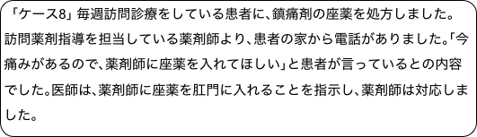 ｢ケース8｣ 毎週訪問診療をしている患者に､鎮痛剤の座薬を処方しました｡訪問薬剤指導を担当している薬剤師より､患者の家から電話がありました｡｢今痛みがあるので､薬剤師に座薬を入れてほしい｣と患者が言っているとの内容でした｡医師は､薬剤師に座薬を肛門に入れることを指示し､薬剤師は対応しました｡