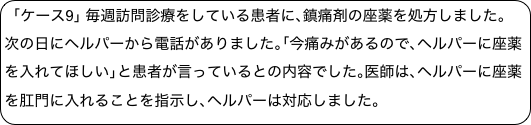 ｢ケース9｣ 毎週訪問診療をしている患者に､鎮痛剤の座薬を処方しました｡次の日にヘルパーから電話がありました｡｢今痛みがあるので､ヘルパーに座薬を入れてほしい｣と患者が言っているとの内容でした｡医師は､ヘルパーに座薬を肛門に入れることを指示し､ヘルパーは対応しました｡