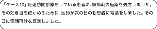 ｢ケース10｣ 毎週訪問診療をしている患者に､鎮痛剤の座薬を処方しました｡その効き目を確かめるために､医師が次の日の朝患者に電話をしました｡ その日に電話再診を算定しました｡