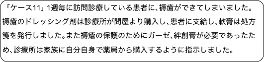 ｢ケース11｣ 1週毎に訪問診療している患者に､褥瘡ができてしまいました｡褥瘡のドレッシング剤は診療所が問屋より購入し､患者に支給し､軟膏は処方箋を発行しました｡また褥瘡の保護のためにガーゼ､絆創膏が必要であったため､診療所は家族に自分自身で薬局から購入するように指示しました｡