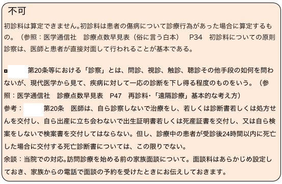 不可　
初診料は算定できません｡初診料は患者の傷病について診療行為があった場合に算定するもの。（参照：医学通信社　診療点数早見表（俗に言う白本）　P34　初診料についての原則
診察は、医師と患者が直接対面して行われることが基本である。
　　　　　　　　
◘医師法第20条等における「診察」とは、問診、視診、触診、聴診その他手段の如何を問わないが、現代医学から見て、疾病に対して一応の診断を下し得る程度のものをいう。（参照：医学通信社　診療点数早見表　P47　再診料･「遠隔診療」基本的な考え方）　参考：医師法第20条　医師は、自ら診察しないで治療をし、若しくは診断書若しくは処方せんを交付し、自ら出産に立ち会わないで出生証明書若しくは死産証書を交付し、又は自ら検案をしないで検案書を交付してはならない。但し、診療中の患者が受診後24時間以内に死亡した場合に交付する死亡診断書については、この限りでない。余談：当院での対応｡訪問診療を始める前の家族面談について。面談料はあらかじめ設定しておき、家族からの電話で面談の予約を受けたときにお伝えしておきます。