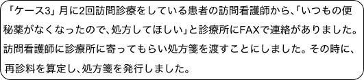 ｢ケース3｣ 月に2回訪問診療をしている患者の訪問看護師から､｢いつもの便秘薬がなくなったので､処方してほしい｣と診療所にFAXで連絡がありました｡訪問看護師に診療所に寄ってもらい処方箋を渡すことにしました｡ その時に､再診料を算定し､処方箋を発行しました｡