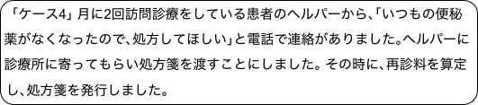 ｢ケース4｣ 月に2回訪問診療をしている患者のヘルパーから､｢いつもの便秘薬がなくなったので､処方してほしい｣と電話で連絡がありました｡ヘルパーに診療所に寄ってもらい処方箋を渡すことにしました｡ その時に､再診料を算定し､処方箋を発行しました｡